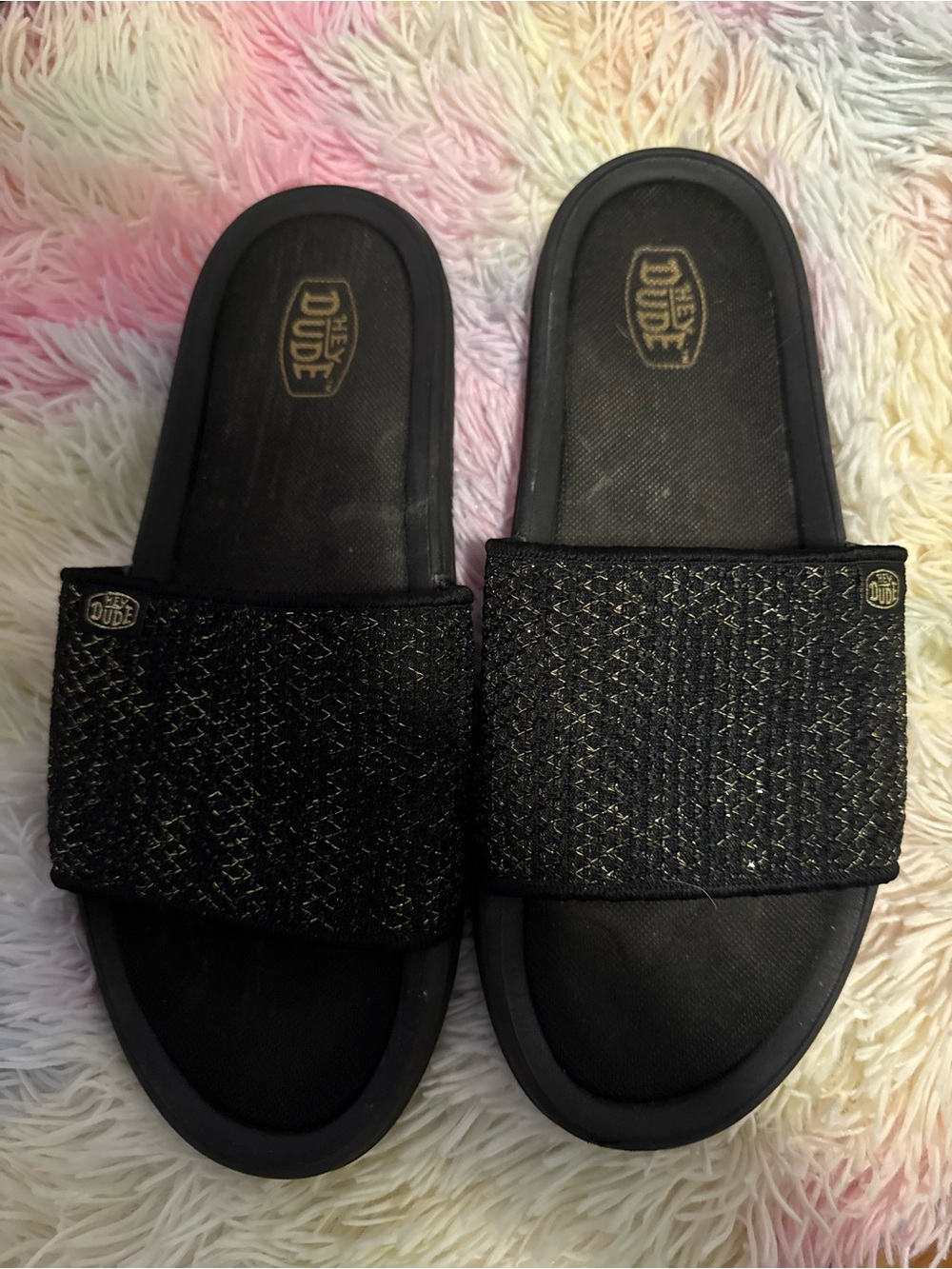 Hey Dude Black Slides with Subtle Sparkle Strap